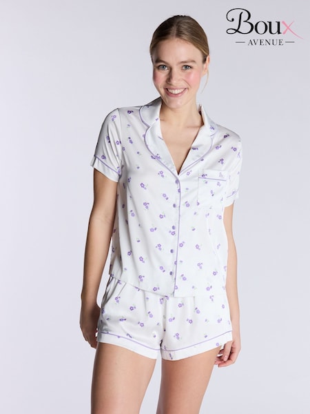 Boux Avenue Luxe Satin Floral Print Short White Pyjamas Set (W42904) | ‏208 ر.ق.