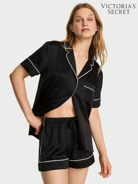 Victoria's Secret Black Logo Jacquard Satin Short Pyjamas Set (W43086) | €75