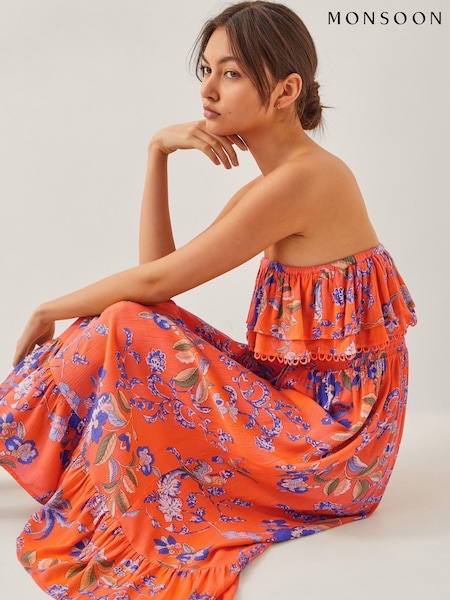 Monsoon Orange Kaia Floral Frill Midi Dress (W43299) | ₪347