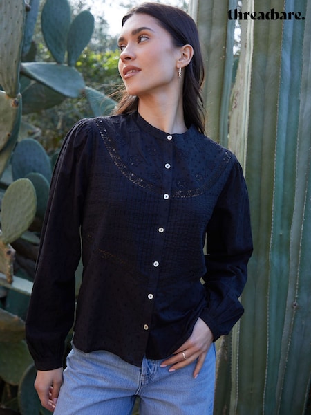 Threadbare Black Lace Detail Boho 100% Cotton Blouse (W43397) | ₪208