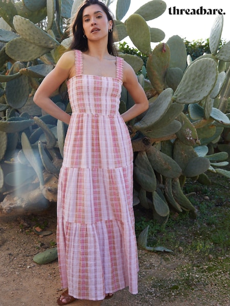 Threadbare Pink 100% Cotton Check Shirred Guaze Tiered Midi Dress (W43408) | $93