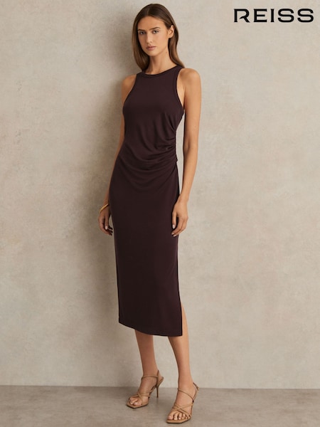 Reiss Burgundy Lola Jersey Ruched Racer Midi Dress (W43533) | €140