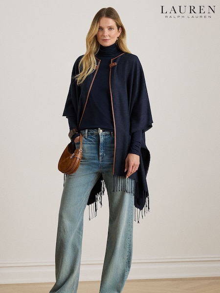 Lauren Ralph Lauren Blue Detail Fringed Cape Poncho (W43636) | €178