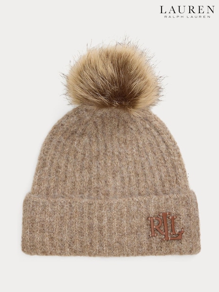 Lauren Ralph Lauren Brown Ribbed Logo Knitted Pom Beanie Hat (W43639) | €113