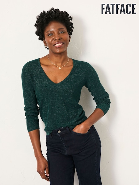 FatFace Ada Dark Teal Sparkle V Neck Knitted Jumper (W43662) | €65