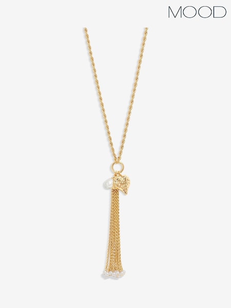 Mood Gold Tone Hammered Heart Pearl Chain Long Pendant Necklace (W43695) | €25