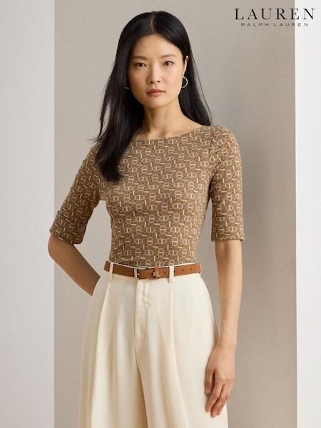 Lauren Ralph Lauren Brown Patterned Boat Neck Quarter Sleeve Jersey Stretch Top (W43726) | €87