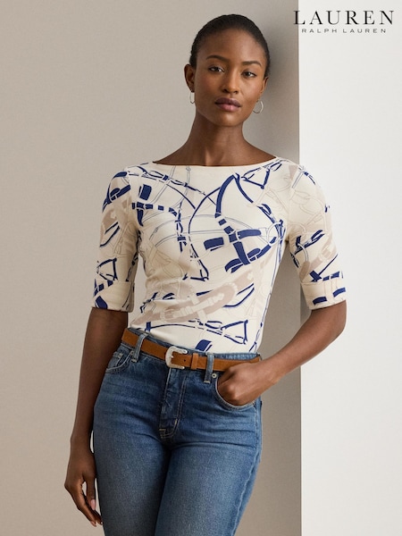 Lauren Ralph Lauren Cream Patterned Boat Neck Quarter Sleeve Jersey Stretch Top (W43734) | €87