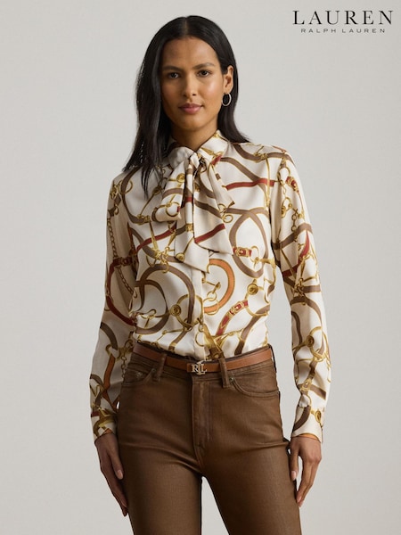 Lauren Ralph Lauren Cream Kristy Chain Print Necktie Bow Blouse (W43736) | €203