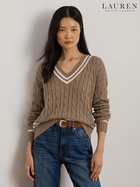 Lauren Ralph Lauren Brown V-Neck Cable Knit Jumper (W43740) | €242