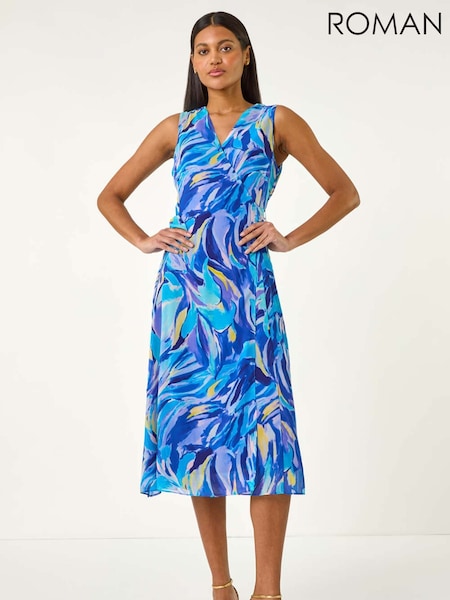 Roman Blue Floral Print Wrap Chiffon Midi Dress (W43753) | €93