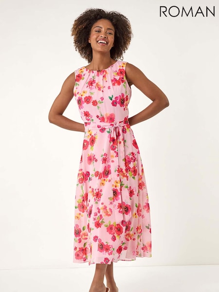 Roman Floral Print Pleated Chiffon Midi Dress (W43756) | 86 €