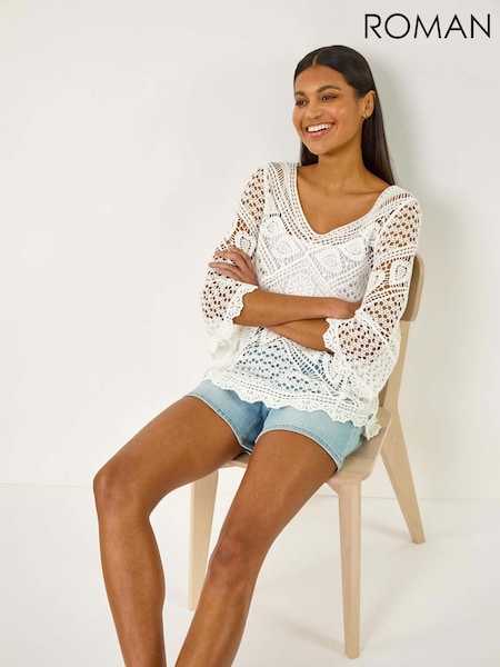 Roman White Crochet Lace V-Neck Open Knit 100% Cotton Blouses (W43760) | AZN 138