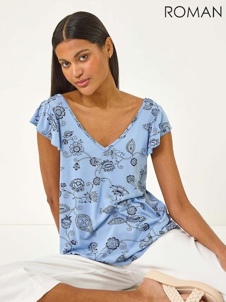 Roman Blue Floral Frill Shoulder Vest Top (W43766) | €40