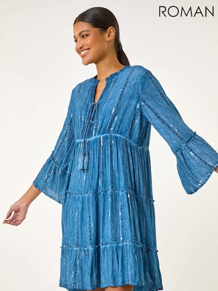Roman Blue Shimmer Tie Detail Smock Dress (W43770) | €78