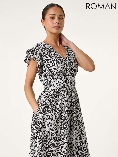 Roman Black Petite Floral Print Button Frill Dress (W43950) | €64
