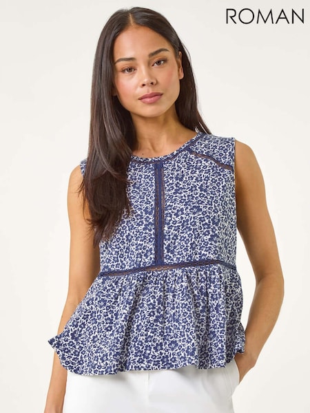 Roman Blue Petite Floral Print Trim 100% Cotton Vest Top (W43953) | €45