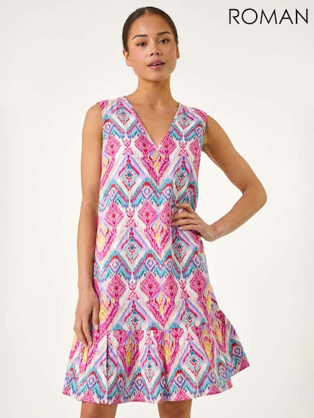 Roman Pink Petite Frill Hem V-Neck Dress (W43968) | kr600