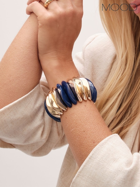 Mood Gold Tone Blue Resin And Polished Pebble Stretch Bracelet (W43985) | €24