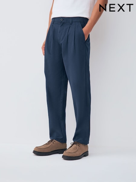 Navy Relaxed Tapered Fit Authentic Twin Pleated Textured Trousers (W44016) | €37