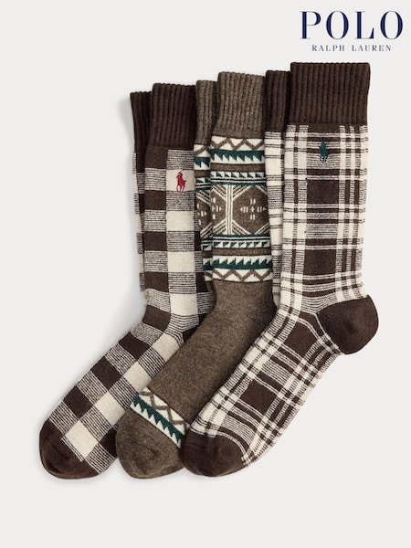 Polo Ralph Lauren Brown Winter Check Print Gift Box Crew Ankle Socks 3 Pack (W44471) | €86