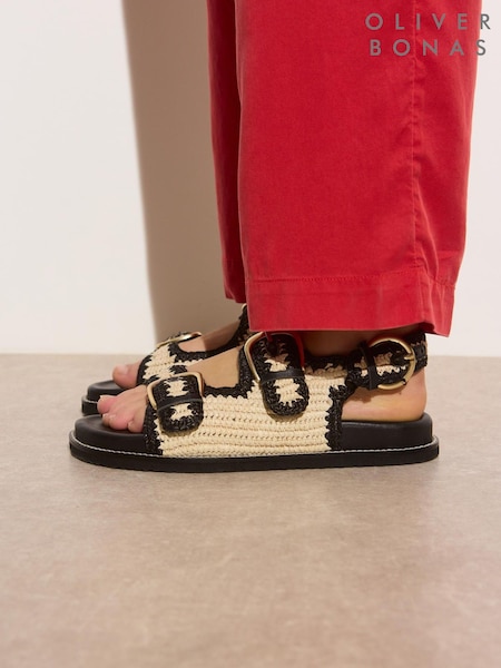 Oliver Bonas Cream Raffia Double Buckle Chunky Sandals (W45272) | ₪402