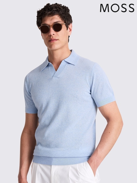 MOSS Blue Linen Blend Oatmeal Skipper Polo Shirt (W45277) | AED349