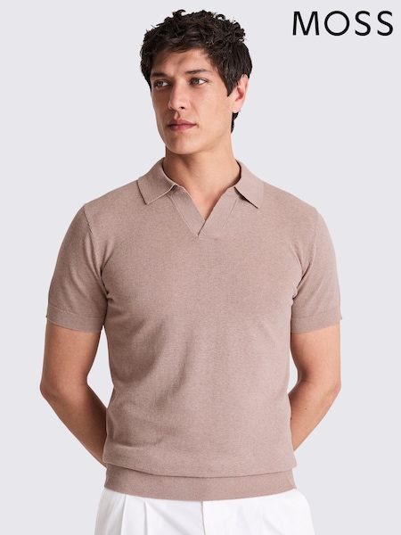 MOSS Brown Linen Blend Oatmeal Skipper Polo Shirt (W45278) | €85