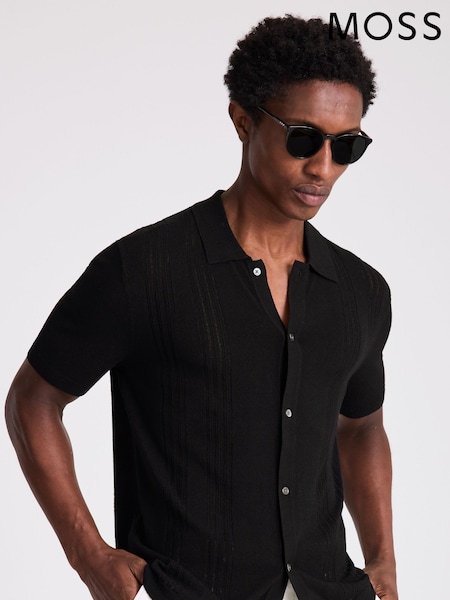 MOSS Black Boucle Pointelle Button Through Shirt (W45284) | €86