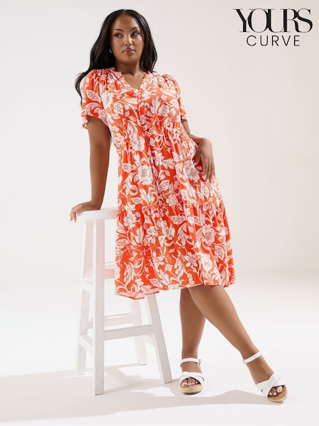 Yours Curve Orange Button Up Frilled Dress (W45352) | €49