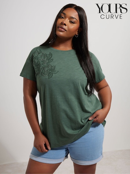 Yours Curve Appliqué Studded Floral Print 100% Cotton T-Shirt (W45373) | €32