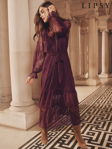 Lipsy Burgundy Red Lace Ruffle Long Sleeve Midi Dress (W45404) | OMR38