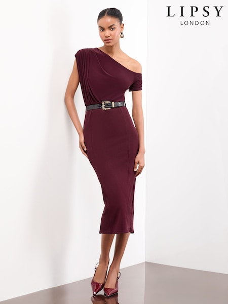 Lipsy Burgundy Red Slash Neck Jersey Belted Midi Dress (W45413) | €77
