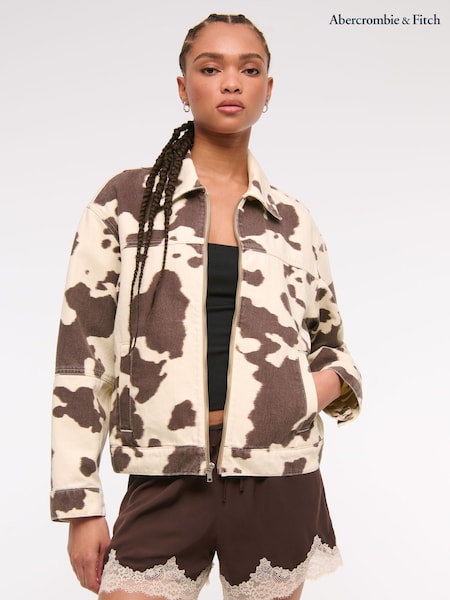 Abercrombie & Fitch Cream Denim Zip Up Pony Print Jacket (W45509) | €102