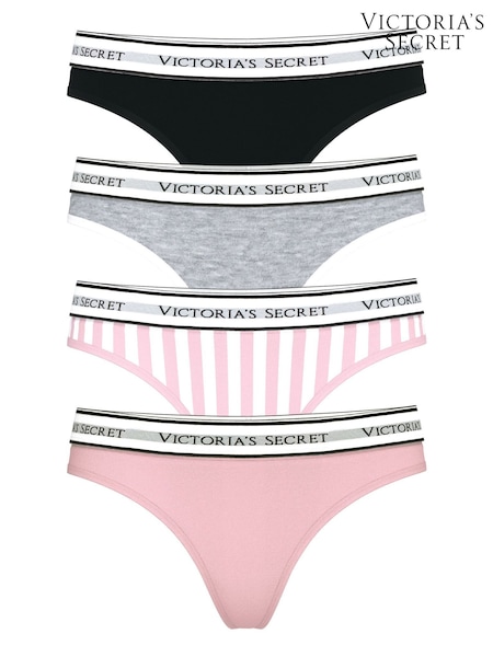 Victoria's Secret Black/Grey/Pink Thong Logo 4 Pack Knickers (W45539) | €25