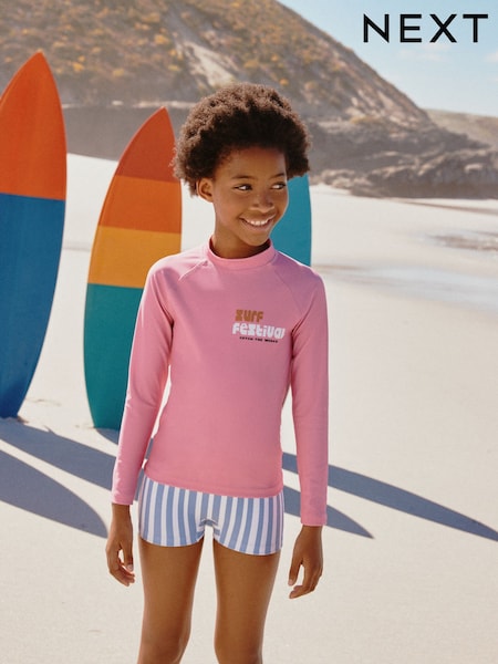 Pink/Blue Surf Graphic Long Sleeve Sunsafe Rash Vest And Shorts Set (3-16yrs) (W45659) | AED81 - AED107