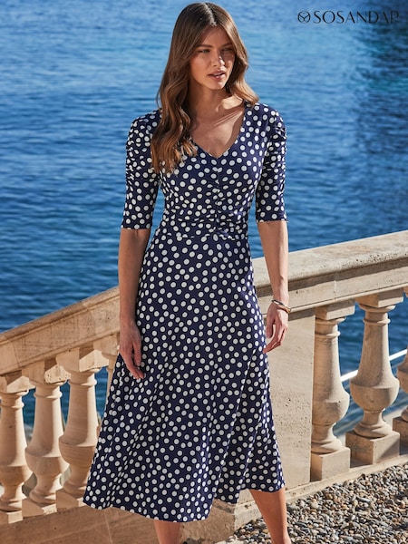 Sosandar Blue Spot Print Ruched Front Midi Jersey Dress (W45665) | €87