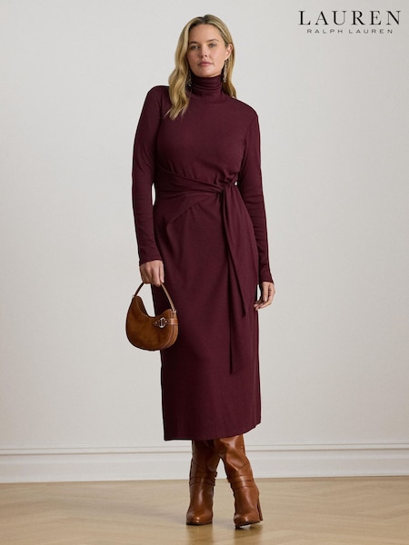 Lauren Ralph Lauren Red Curve Vaureen Ribbed High Neck Belted Jersey Midi Dress (W45692) | R$ 1.865