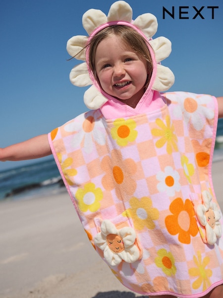 Rosa/oransje sjakkbrett blomstrete - Towelling Poncho (9mths-10yrs) (W45724) | kr334 - kr401