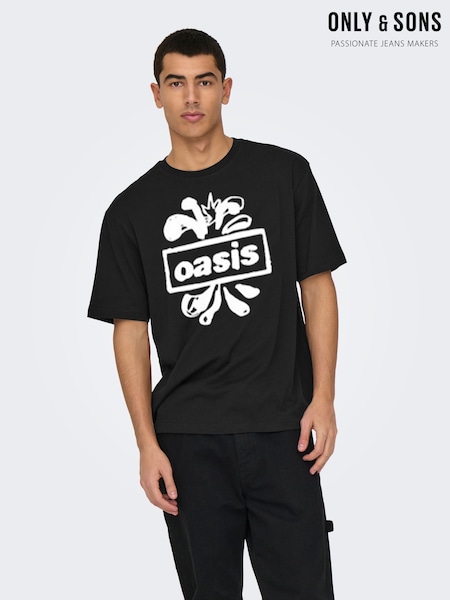 Only & Sons Black Relaxed Fit Oasis Band 100% Cotton T-Shirt (W45765) | 109 QAR