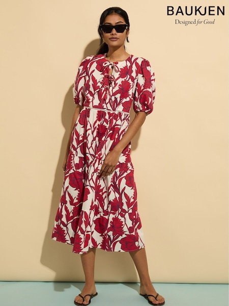 Baukjen Red Amelie 100% Organic Cotton Tie Midi Dress (W45787) | €237