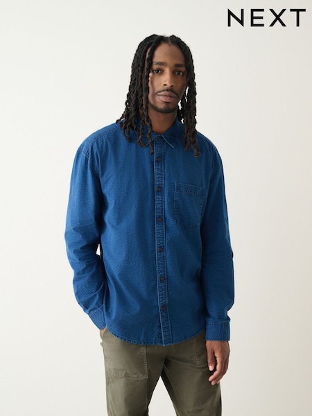 Indigo Blue Seersucker Denim Style Long Sleeve Shirt (W45810) | 173 QAR