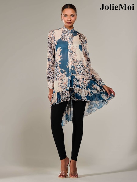 Jolie Moi Blue Dipped Hem Shirt Midi Dress (W45825) | €82