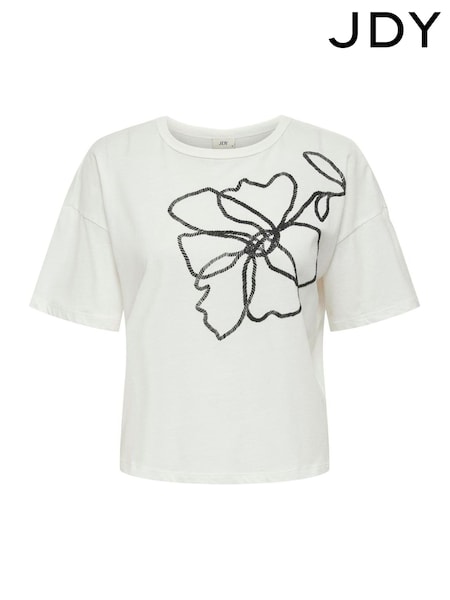 JDY White 100% Cotton Floral Printed T-Shirt (W45845) | ₪91