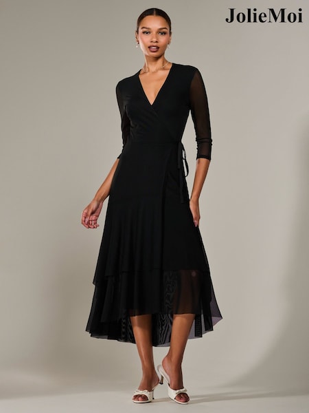 Jolie Moi Black Mesh Wrap Midaxi Dress (W45870) | €87