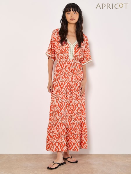 Apricot Orange Ikat Mono Swirl Shimmer Dress (W45875) | €59