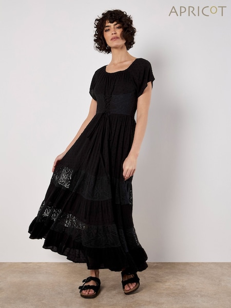 Apricot Black Lace Corset Detail Midi Dress (W45893) | €95