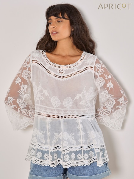 Apricot White Oversized Embroidered Mesh Top (W45897) | €51