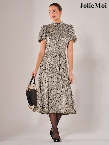 Jolie Moi Black Puff Sleeve Tie Waist Midi Dress (W45911) | 332 QAR