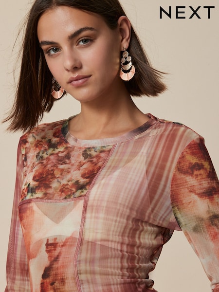 Floral vermelho claro - Print Splice Mesh Long Sleeve Crew Neck Top (W45969) | R$ 175